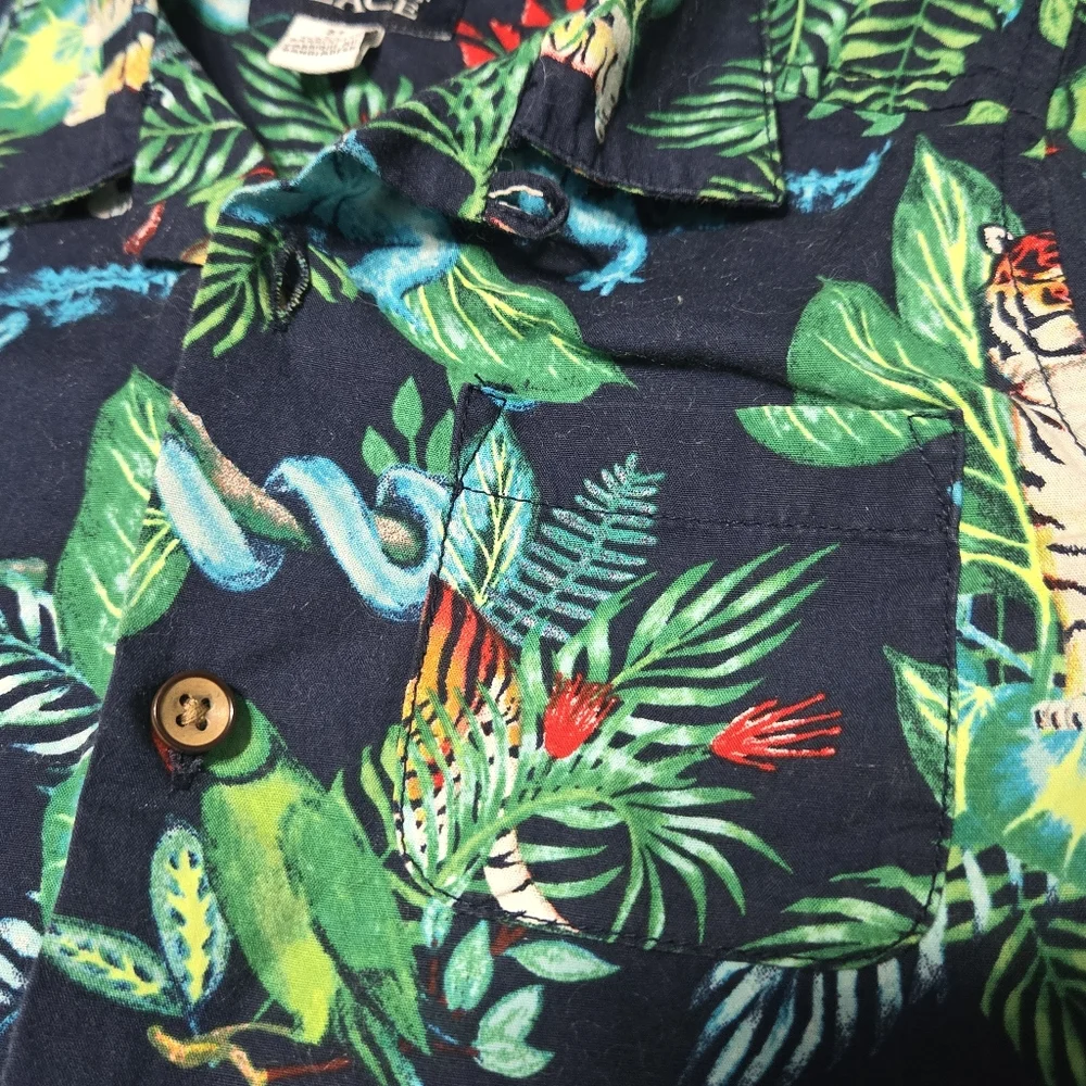 TCP toddler Hawaiian jungle animals button down shirt, tiger parrot crocodile 3T